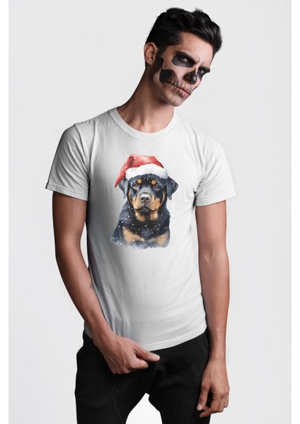 Yeni Yıl Noel Rottweiler Kadın Erkek Unisex Beyaz Organik Baskılı T-Shirt Penye Yüksek Kalite indirimleri