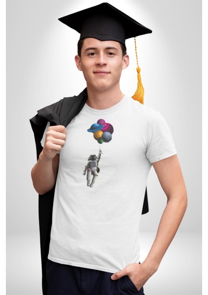 Gezegenler Balon Astronot Yükselişi Kadın Erkek Unisex Beyaz Organik Baskılı T-Shirt Penye Yüksek Kalite