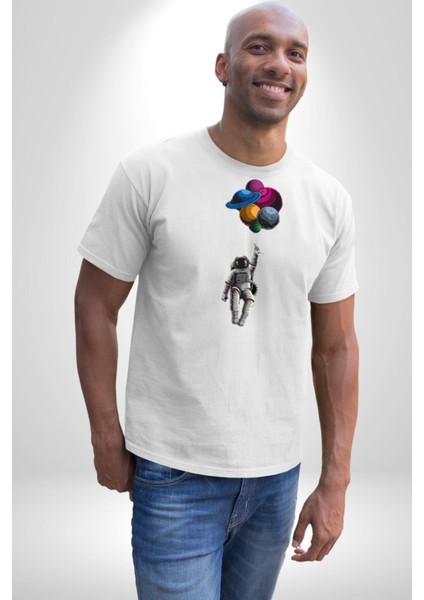 Gezegenler Balon Astronot Yükselişi Kadın Erkek Unisex Beyaz Organik Baskılı T-Shirt Penye Yüksek Kalite fiyatları