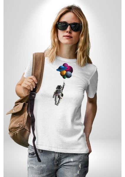 Gezegenler Balon Astronot Yükselişi Kadın Erkek Unisex Beyaz Organik Baskılı T-Shirt Penye Yüksek Kalite modelleri