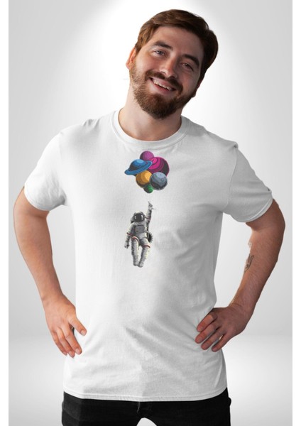 Gezegenler Balon Astronot Yükselişi Kadın Erkek Unisex Beyaz Organik Baskılı T-Shirt Penye Yüksek Kalite fırsatları