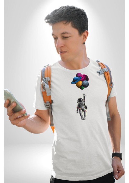 Gezegenler Balon Astronot Yükselişi Kadın Erkek Unisex Beyaz Organik Baskılı T-Shirt Penye Yüksek Kalite indirimleri