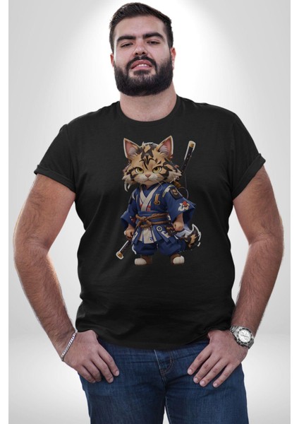 Asyalı Kedi Samuray Savaşcı Kadın Erkek Unisex Siyah Organik Baskılı T-Shirt Penye Yüksek Kalite fırsatları