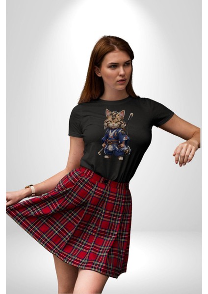 Asyalı Kedi Samuray Savaşcı Kadın Erkek Unisex Siyah Organik Baskılı T-Shirt Penye Yüksek Kalite indirimleri