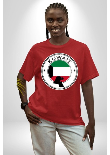 Kuveyt Bayrağı Pamuklu Bisiklet Yaka Kadın Erkek Oversize Boyfriend Dijital Baskılı Kırmızı T-Shirt fiyatları