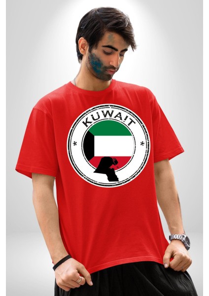 Kuveyt Bayrağı Pamuklu Bisiklet Yaka Kadın Erkek Oversize Boyfriend Dijital Baskılı Kırmızı T-Shirt modelleri