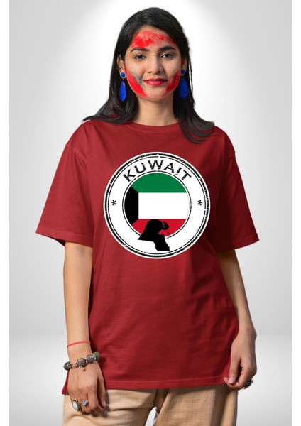 Kuveyt Bayrağı Pamuklu Bisiklet Yaka Kadın Erkek Oversize Boyfriend Dijital Baskılı Kırmızı T-Shirt fırsatları
