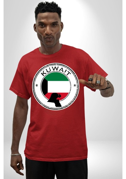 Kuveyt Bayrağı Pamuklu Bisiklet Yaka Kadın Erkek Oversize Boyfriend Dijital Baskılı Kırmızı T-Shirt indirimleri