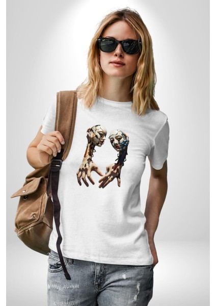 Yüz Yüze Ellerin Uyumu Kadın Erkek Unisex Beyaz Organik Baskılı T-Shirt Penye Yüksek Kalite fırsatları