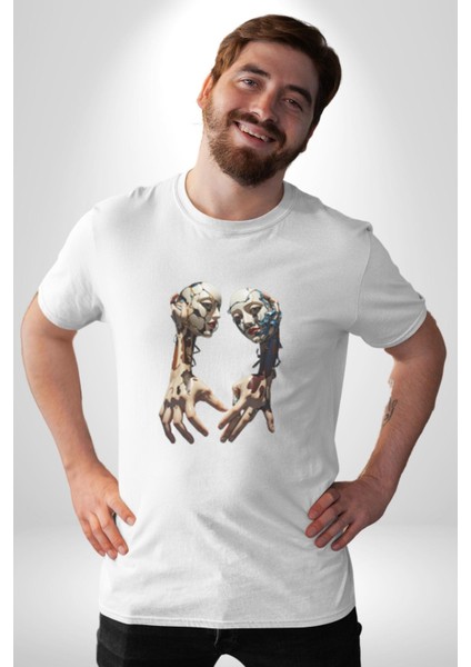 Yüz Yüze Ellerin Uyumu Kadın Erkek Unisex Beyaz Organik Baskılı T-Shirt Penye Yüksek Kalite indirimleri