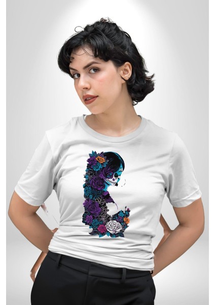 Cadılar Siyah Güller Kadın Erkek Unisex Beyaz Organik Baskılı T-Shirt Penye Yüksek Kalite