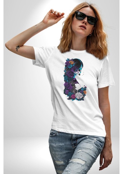 Cadılar Siyah Güller Kadın Erkek Unisex Beyaz Organik Baskılı T-Shirt Penye Yüksek Kalite modelleri