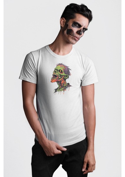 Zombi Kafası Kadın Erkek Unisex Beyaz Organik Baskılı T-Shirt Penye Yüksek Kalite