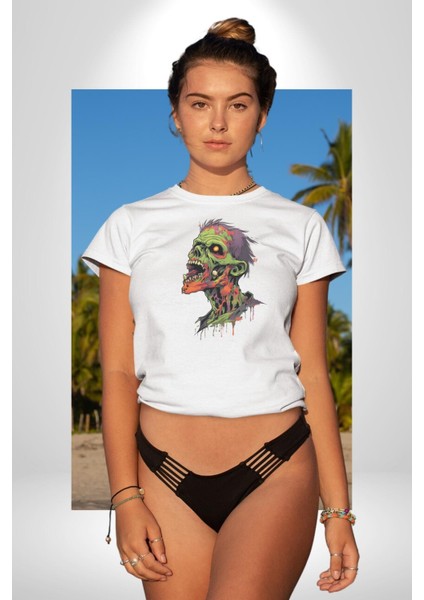 Zombi Kafası Kadın Erkek Unisex Beyaz Organik Baskılı T-Shirt Penye Yüksek Kalite