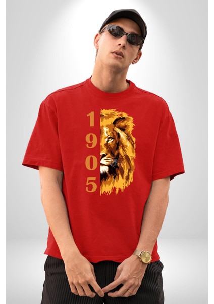 Aslan 1905 Taraftar Pamuklu Bisiklet Yaka Kadın Erkek Oversize Boyfriend Dijital Baskılı Kırmızı T-Shirt