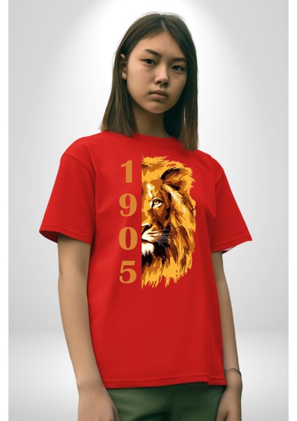 Aslan 1905 Taraftar Pamuklu Bisiklet Yaka Kadın Erkek Oversize Boyfriend Dijital Baskılı Kırmızı T-Shirt