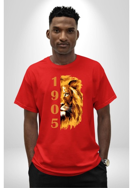 Aslan 1905 Taraftar Pamuklu Bisiklet Yaka Kadın Erkek Oversize Boyfriend Dijital Baskılı Kırmızı T-Shirt