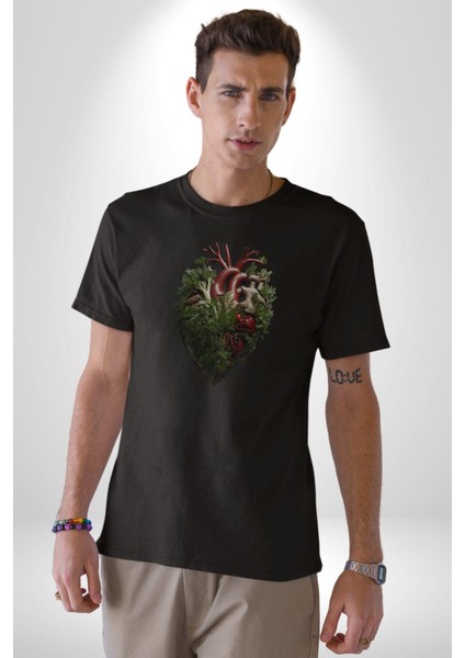 Doğanın Kalbi Yeşillikler Kalp Kadın Erkek Unisex Siyah Organik Baskılı T-Shirt Penye Yüksek Kalite fiyatları
