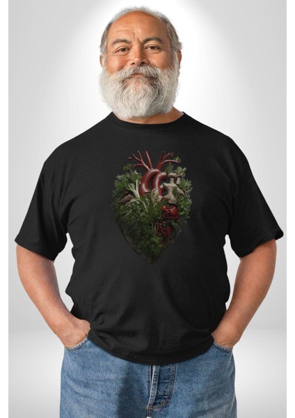 Doğanın Kalbi Yeşillikler Kalp Kadın Erkek Unisex Siyah Organik Baskılı T-Shirt Penye Yüksek Kalite fırsatları