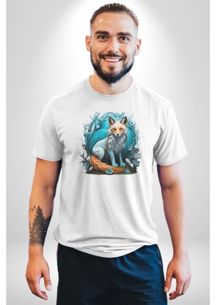 Beyaz Kurt Altın Maske Doğa Kadın Erkek Unisex Beyaz Organik Baskılı T-Shirt Penye Yüksek Kalite