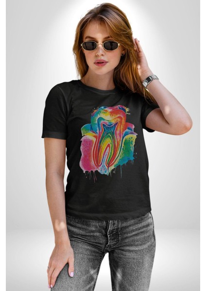 Diş Doktoru Diş Anatomisi Özel Tasarım Kadın Erkek Unisex Siyah Organik Baskılı T-Shirt Penye Yüksek Kalite