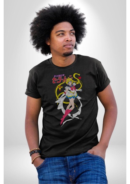 Sailor Moon Anime Usagi Tsukino Kadın Erkek Unisex Siyah Organik Baskılı T-Shirt Penye Yüksek Kalite