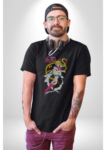 Sailor Moon Anime Usagi Tsukino Kadın Erkek Unisex Siyah Organik Baskılı T-Shirt Penye Yüksek Kalite
