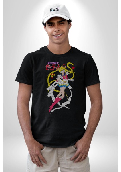 Sailor Moon Anime Usagi Tsukino Kadın Erkek Unisex Siyah Organik Baskılı T-Shirt Penye Yüksek Kalite