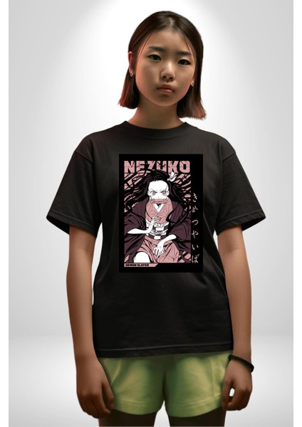 Nezuko Demon Slayer Pamuklu Bisiklet Yaka Kadın Erkek Oversize Boyfriend Dijital Baskılı Siyah T-Shirt