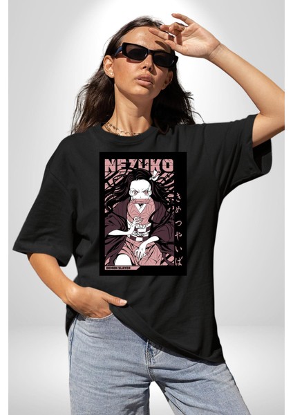 Nezuko Demon Slayer Pamuklu Bisiklet Yaka Kadın Erkek Oversize Boyfriend Dijital Baskılı Siyah T-Shirt modelleri