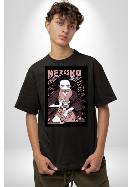 Nezuko Demon Slayer Pamuklu Bisiklet Yaka Kadın Erkek Oversize Boyfriend Dijital Baskılı Siyah T-Shirt fırsatları