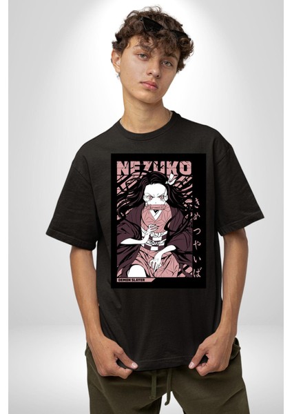 Nezuko Demon Slayer Pamuklu Bisiklet Yaka Kadın Erkek Oversize Boyfriend Dijital Baskılı Siyah T-Shirt indirimleri
