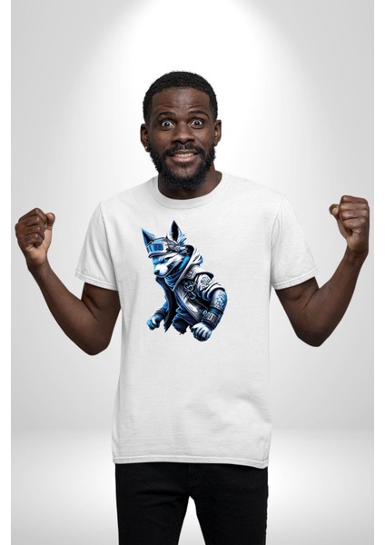 Mavi Beyaz Ateşli Kurt Kadın Erkek Unisex Beyaz Organik Baskılı T-Shirt Penye Yüksek Kalite