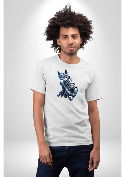 Mavi Beyaz Ateşli Kurt Kadın Erkek Unisex Beyaz Organik Baskılı T-Shirt Penye Yüksek Kalite fiyatları