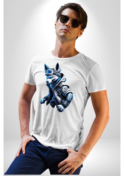 Mavi Beyaz Ateşli Kurt Kadın Erkek Unisex Beyaz Organik Baskılı T-Shirt Penye Yüksek Kalite modelleri