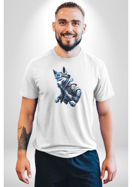 Mavi Beyaz Ateşli Kurt Kadın Erkek Unisex Beyaz Organik Baskılı T-Shirt Penye Yüksek Kalite fırsatları