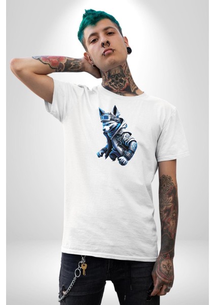 Mavi Beyaz Ateşli Kurt Kadın Erkek Unisex Beyaz Organik Baskılı T-Shirt Penye Yüksek Kalite indirimleri