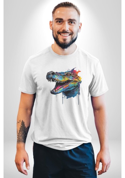 Timsah Renkli Kafası Kadın Erkek Unisex Beyaz Organik Baskılı T-Shirt Penye Yüksek Kalite