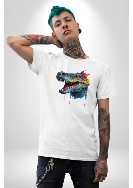 Timsah Renkli Kafası Kadın Erkek Unisex Beyaz Organik Baskılı T-Shirt Penye Yüksek Kalite fiyatları