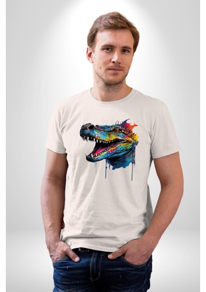 Timsah Renkli Kafası Kadın Erkek Unisex Beyaz Organik Baskılı T-Shirt Penye Yüksek Kalite modelleri