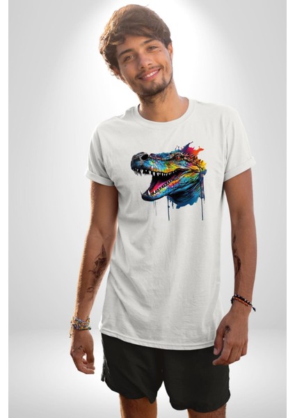 Timsah Renkli Kafası Kadın Erkek Unisex Beyaz Organik Baskılı T-Shirt Penye Yüksek Kalite fırsatları