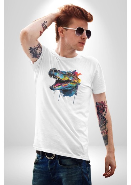 Timsah Renkli Kafası Kadın Erkek Unisex Beyaz Organik Baskılı T-Shirt Penye Yüksek Kalite indirimleri