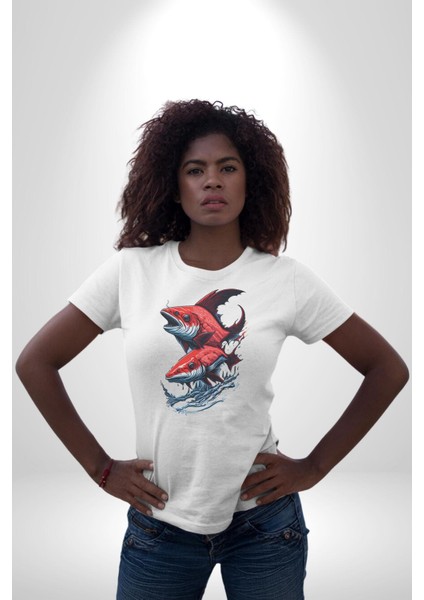 Kırmızı Japon Balığı Kadın Erkek Unisex Beyaz Organik Baskılı T-Shirt Penye Yüksek Kalite fiyatları