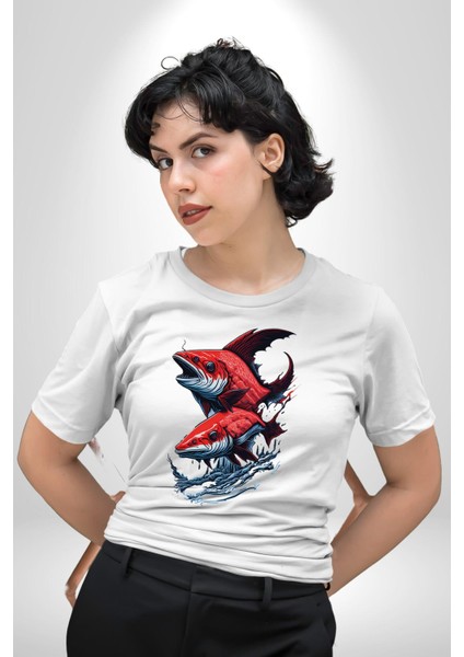Kırmızı Japon Balığı Kadın Erkek Unisex Beyaz Organik Baskılı T-Shirt Penye Yüksek Kalite modelleri