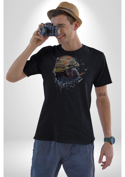 Kasket Miğfer Goril Savaşcı Kadın Erkek Unisex Siyah Organik Baskılı T-Shirt Penye Yüksek Kalite