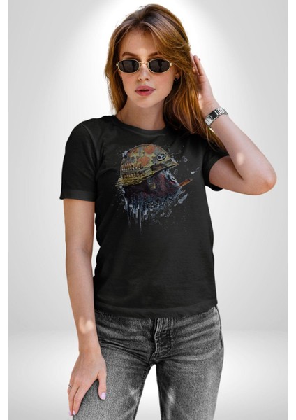 Kasket Miğfer Goril Savaşcı Kadın Erkek Unisex Siyah Organik Baskılı T-Shirt Penye Yüksek Kalite modelleri