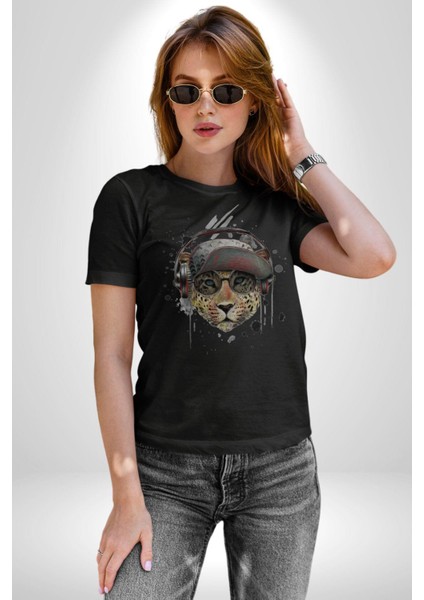 Pop Art Kaplan Müzik Kulaklık Güneş Gözlüğü Kadın Erkek Unisex Siyah Organik Baskılı T-Shirt Penye Yüksek Kalite