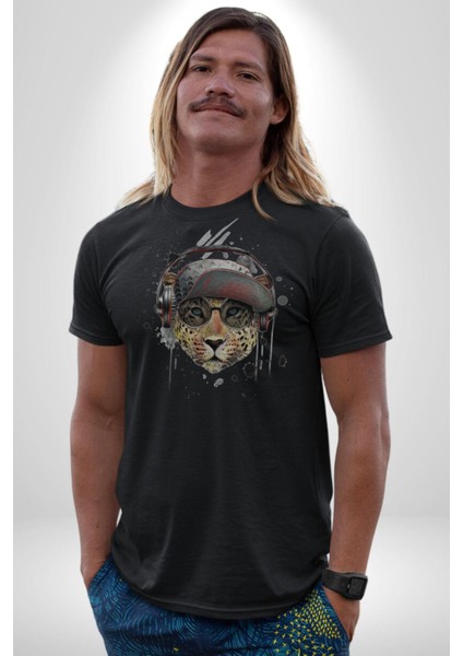 Pop Art Kaplan Müzik Kulaklık Güneş Gözlüğü Kadın Erkek Unisex Siyah Organik Baskılı T-Shirt Penye Yüksek Kalite fiyatları