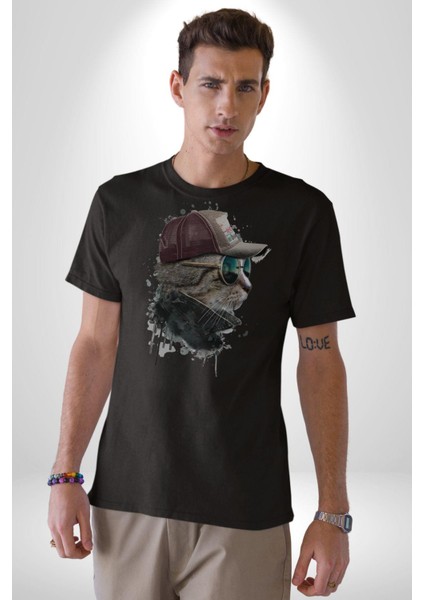 Pilot Çeketli Deri Şapkalı Cool Kedi Kadın Erkek Unisex Siyah Organik Baskılı T-Shirt Penye Yüksek Kalite