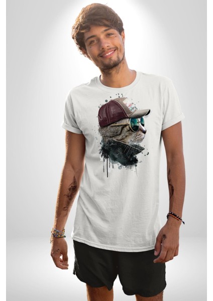 Pilot Çeketli Deri Şapkalı Cool Kedi Kadın Erkek Unisex Beyaz Organik Baskılı T-Shirt Penye Yüksek Kalite